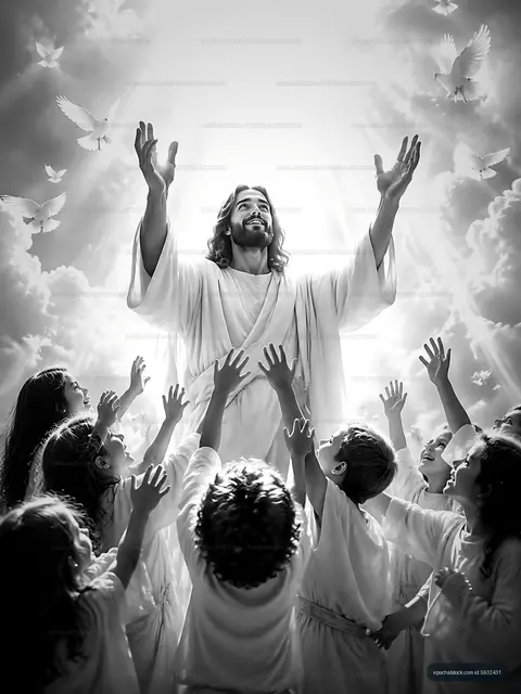 Jesus with children in a heavenly scene raising their hands