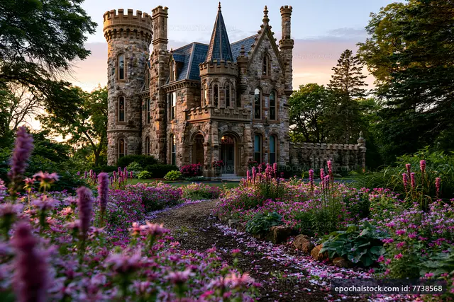 Historic castle surrounded by vibrant flowers at sunset