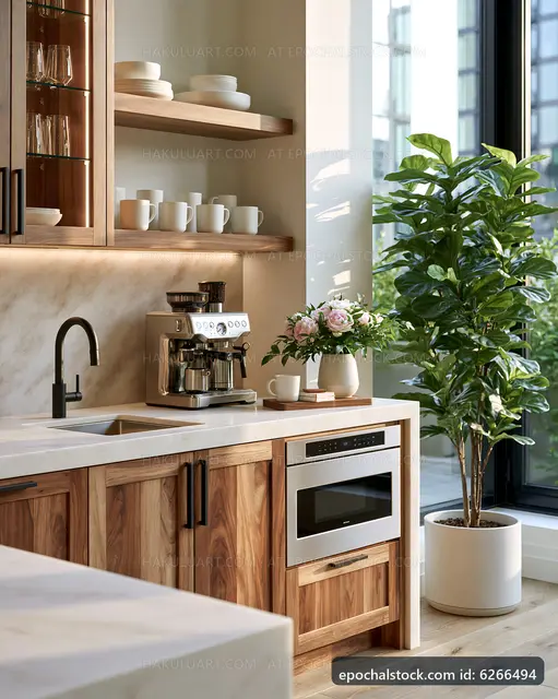 Modern kitchen with a coffee maker and plants on display