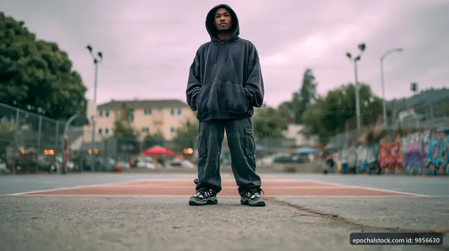 Person standing on basketball court in urban area