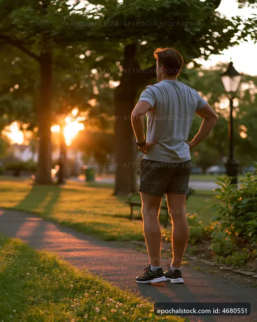 Man stands in park at sunset with hands on hips