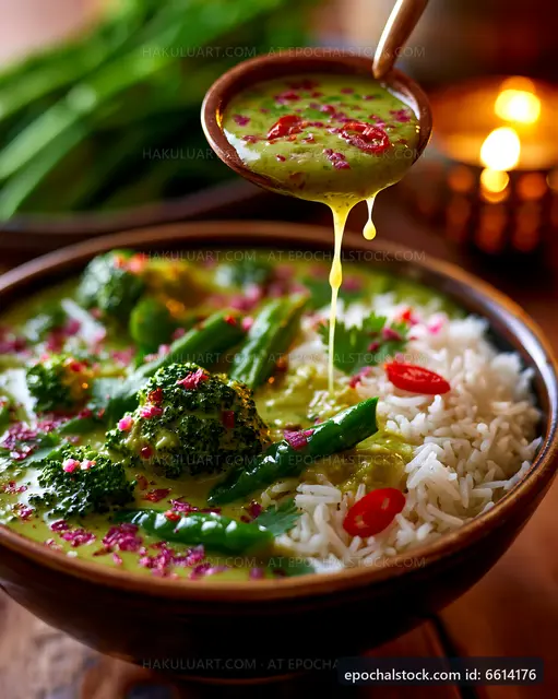Vegetable curry served with rice in a rustic bowl
