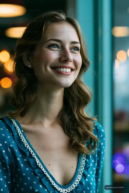 Smiling woman with brown hair indoors near a large window