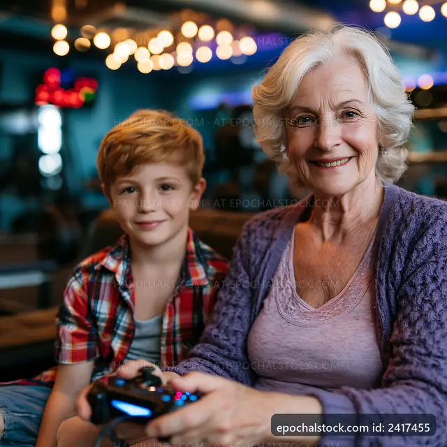 Grandmother and grandson playing video games together
