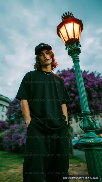 Man standing near a vintage street lamp in a city park