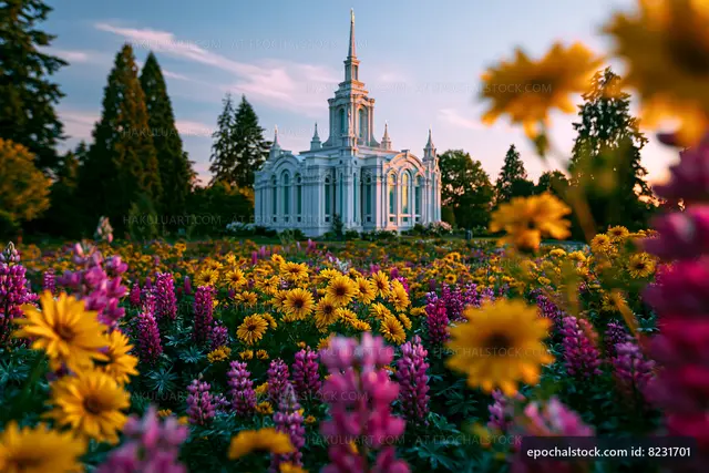 Flowers in bloom near a temple during sunset