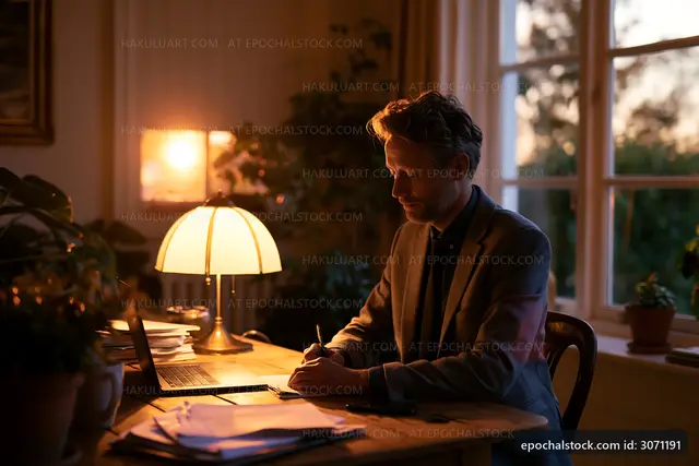 Man writing at desk with laptop and lamp in warm evening light
