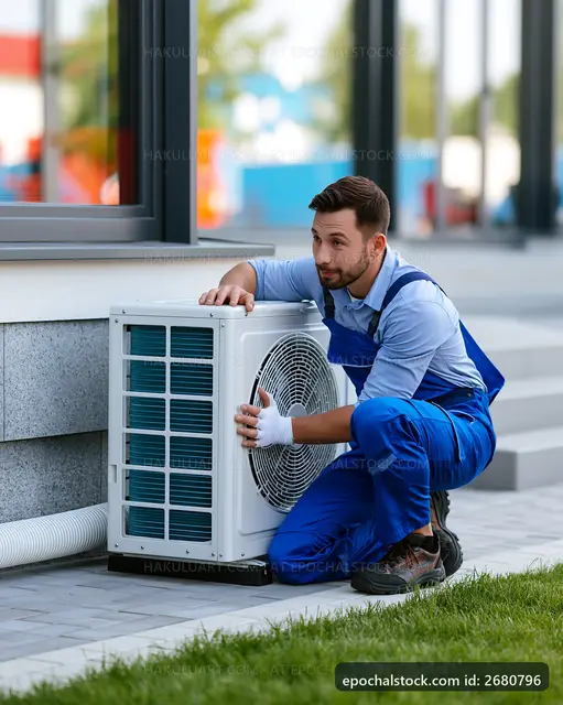 Technician servicing an outdoor air conditioning unit