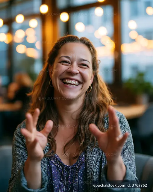 Woman laughing indoors at a cafe with warm lighting