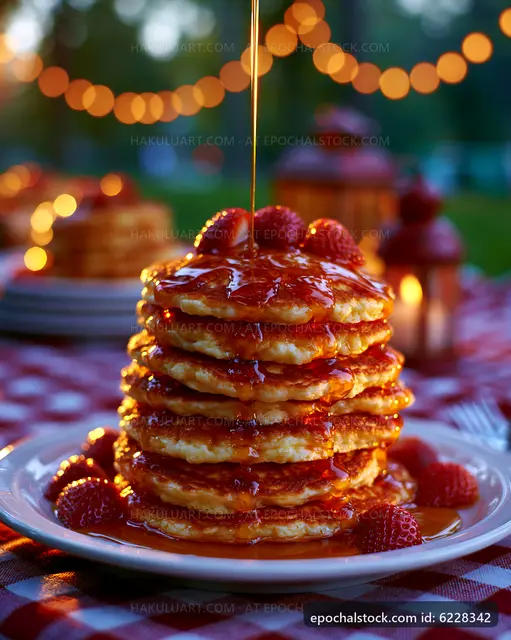 Pancakes with syrup and strawberries on a picnic table