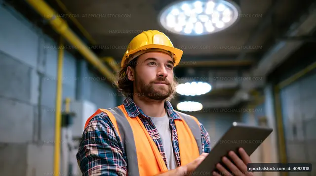 Construction worker using tablet in industrial site