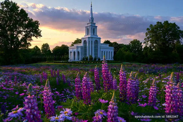Flower field with a church at sunset