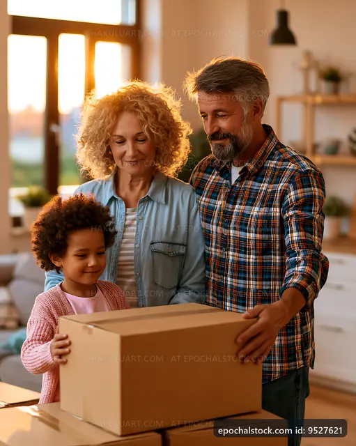 Family organizing boxes in living room during sunset