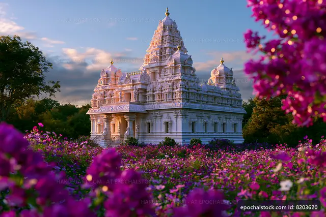 Beautiful temple surrounded by purple flowers at sunset
