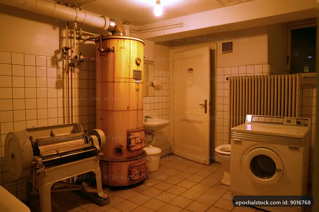 Old laundry room with vintage equipment and washing machine