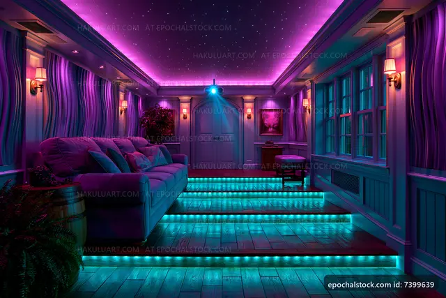 Cozy room with purple and blue lights at night