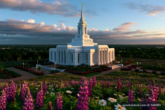 Sunset view of a temple surrounded by flowers and a cloudy sky