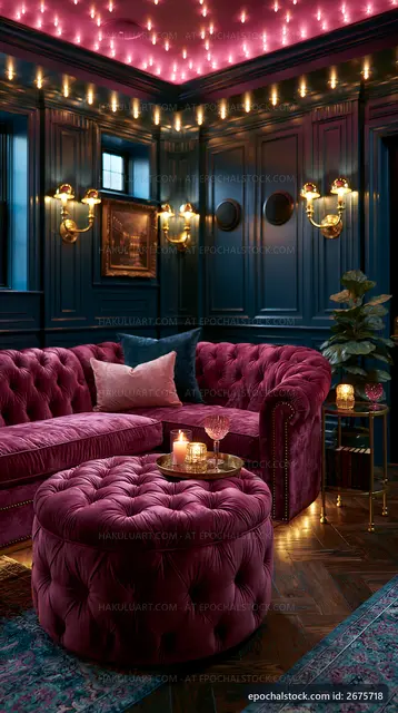 Cozy interior with pink furniture and warm lighting at night