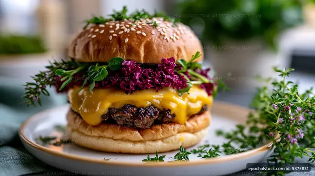 Cheeseburger with fresh greens and sesame seed bun