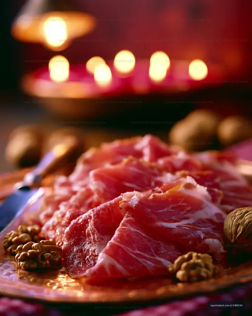 Sliced cured meat on a decorative plate with nuts