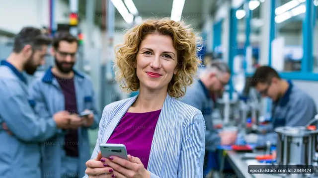 Woman holding smartphone in manufacturing facility with workers