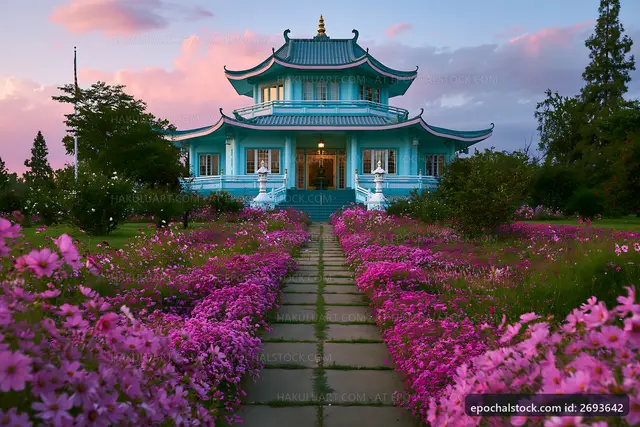 Colorful flowers in front of a blue building at sunset