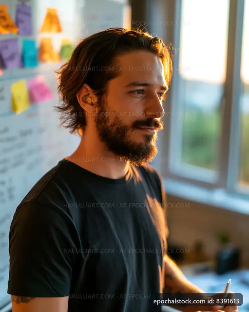 Young man working in an office with sticky notes on a board