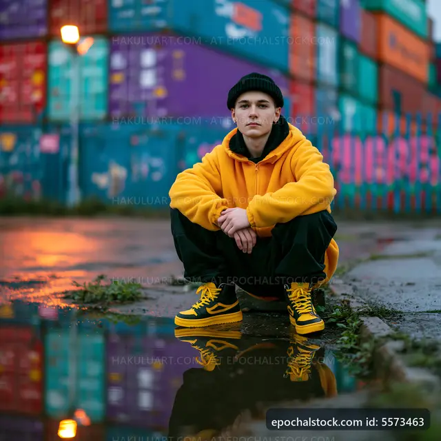 Young person sitting by a puddle near colorful shipping containers