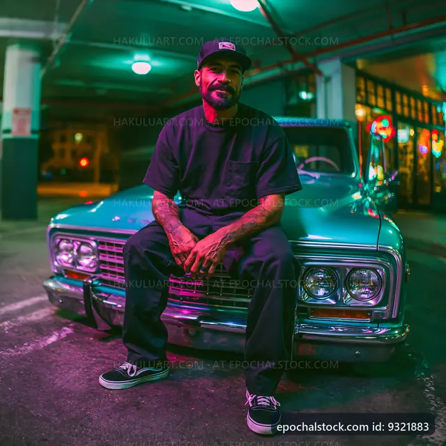 Man sitting on a classic car in a parking garage at night
