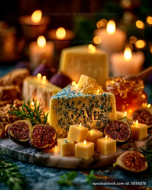 Cheese board with figs and honey on a table with candles