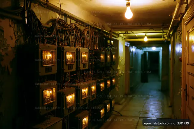 Old hallway with electric meters and lights in a building