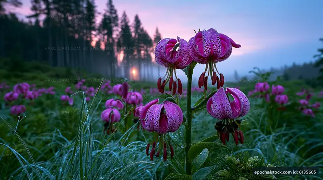 Pink flowers bloom in a misty field at sunrise