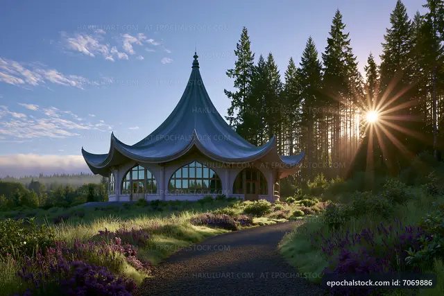 Sunset at a modern building surrounded by trees and flowers