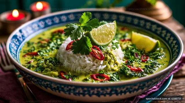 Green curry with rice and fresh herbs in a bowl
