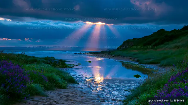 Sunlight breaks through clouds over a beach at dawn