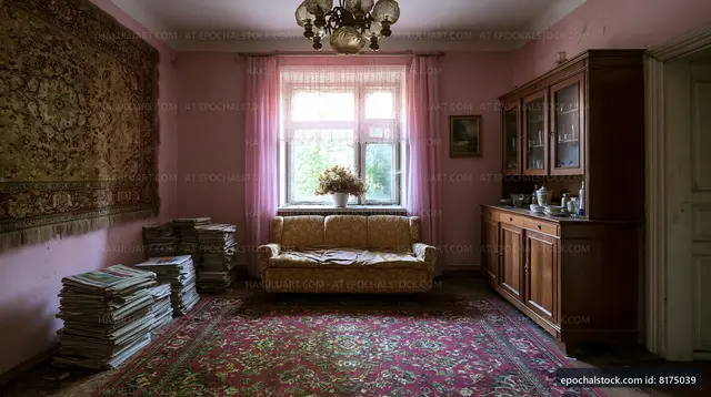 Old living room with vintage furniture and newspapers
