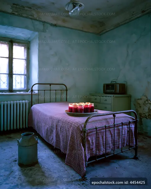 Old bedroom with a bed, candles, and vintage furnishings