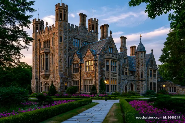 Historic stone mansion surrounded by garden at sunset