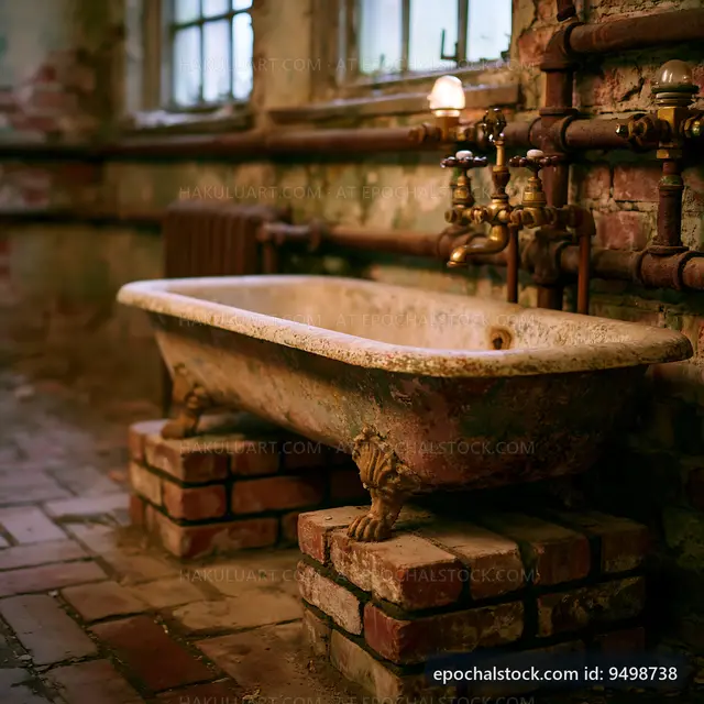 Old bathtub in a rustic bathroom with peeling walls