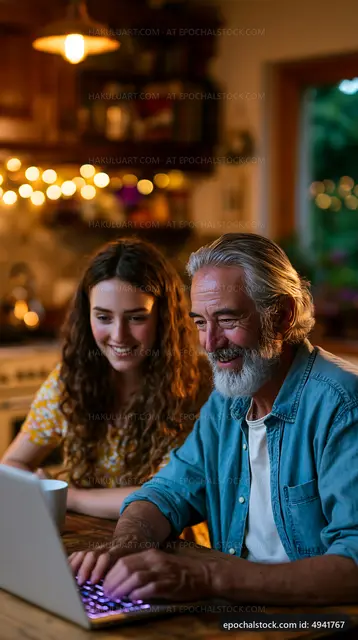 Two people working on a laptop together in a cozy kitchen