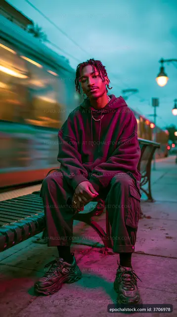 Young man waiting on a bench as a train passes by