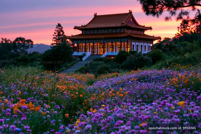 Beautiful temple surrounded by flowers at sunset