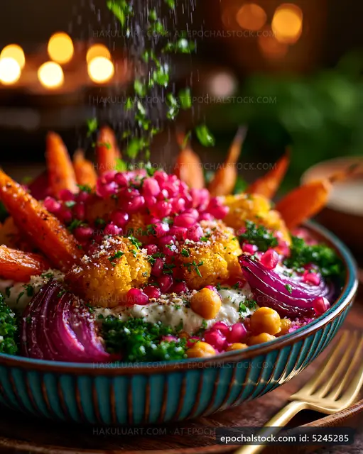 Colorful bowl of vegetables topped with herbs and spices