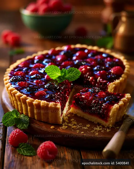 Berry tart on wooden table with fresh mint leaves