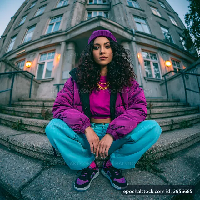 Woman sitting on steps of building wearing colorful outfit