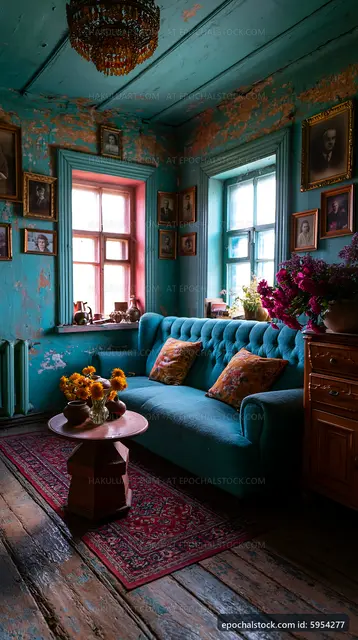 Vintage interior design with blue walls and cozy sofa