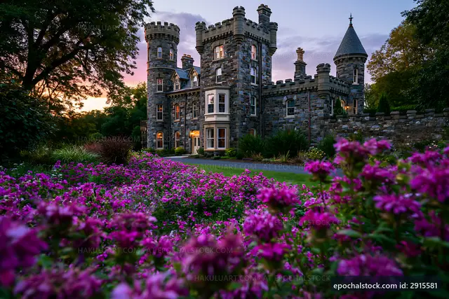 Castle with stone walls and flowers at sunset