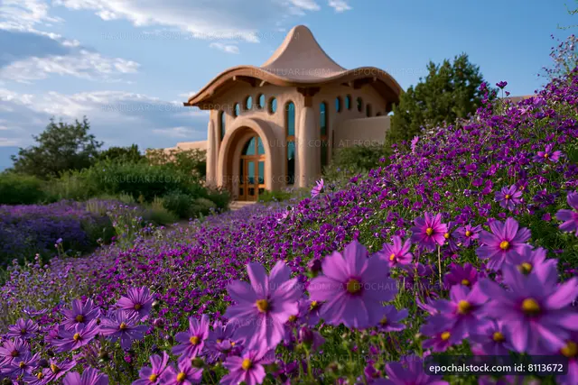 Colorful flowers in front of a unique building in a garden