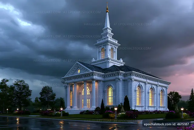 Church building under cloudy sky at dusk
