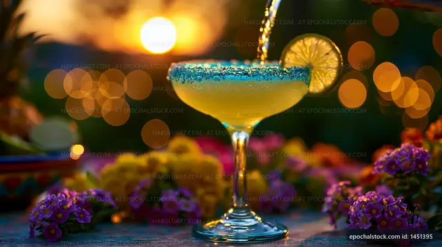 Sunset margarita with a lime slice on a vibrant outdoor table